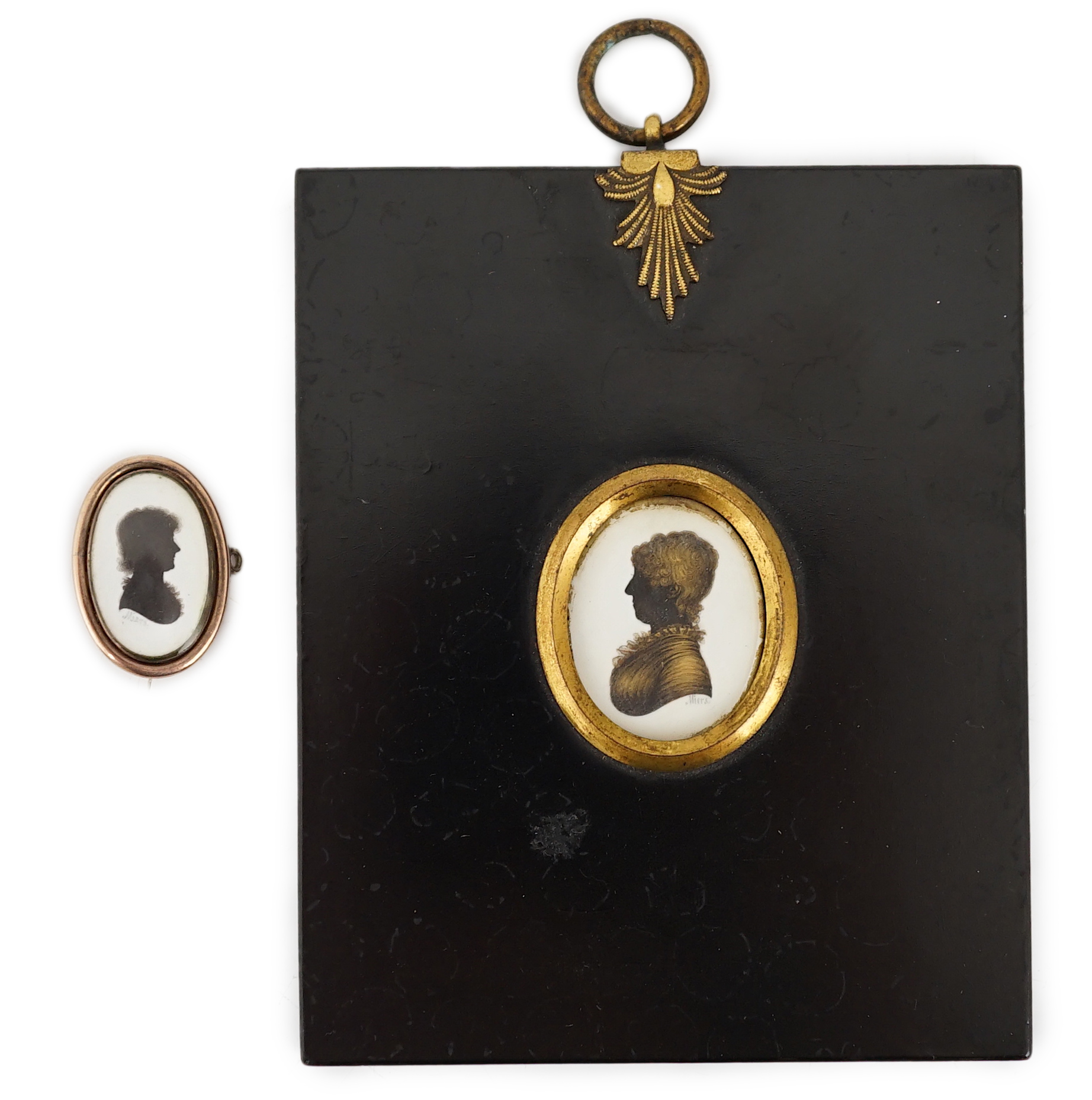 John Miers (1756-1821), Silhouettes of young and old ladies (2), painted and bronzed ivory